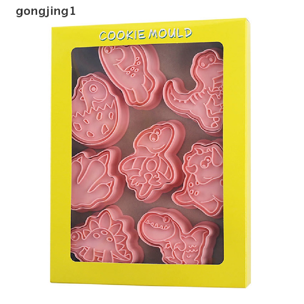 Ggg 8PCS Set Pemotong Kue Kering Dinosaurus 3D Kartun Dapat Ditekan Cetakan Biskuit Dinosaurus ID