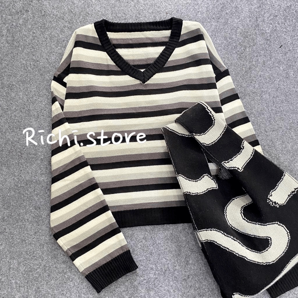 VIORA CROP TOP RAJUT V-NECK MOTIF GARIS