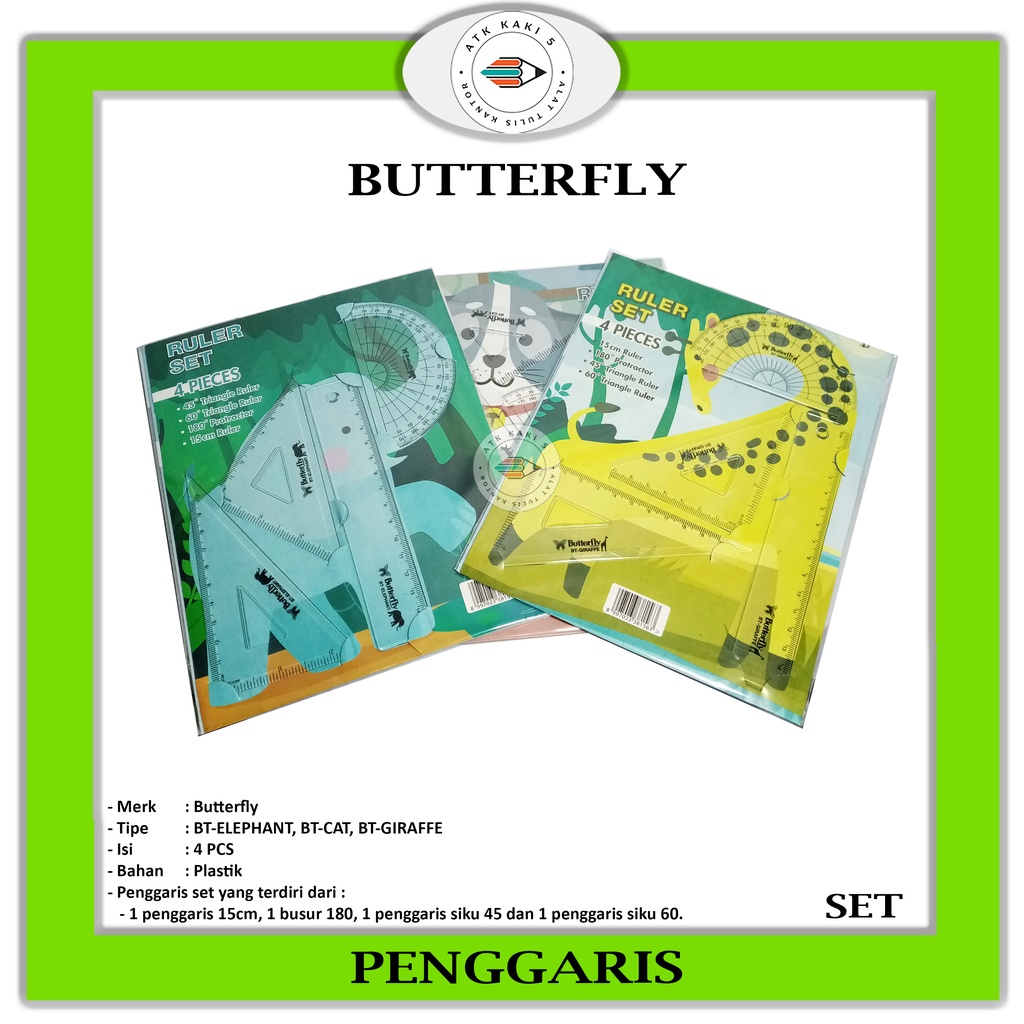 

BUTTERFLY - Penggaris Motif Gajah, Kucing, Jerapah 4 Pieces - SET