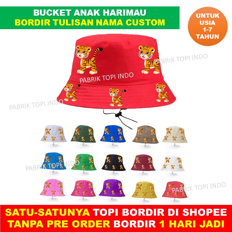 Topi Bucket Anak Tiger Harimau Custom Bordir Nama Usia 1 - 7 Tahun