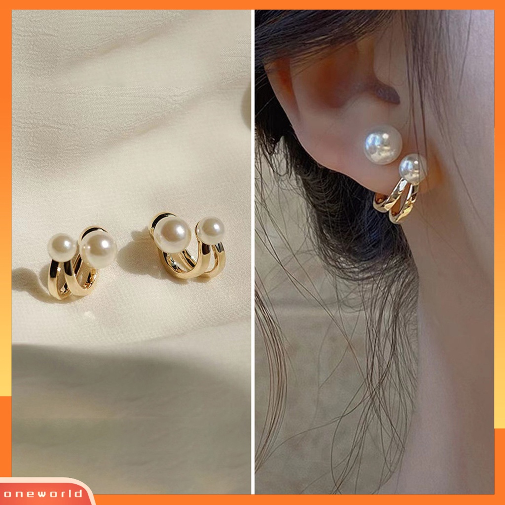 [ONE] 1pasang Anting Tusuk Wanita Double Layer Mutiara Imitasi Dua Arah Wearable Ear Studs Untuk Pesta Pernikahan Perjamuan