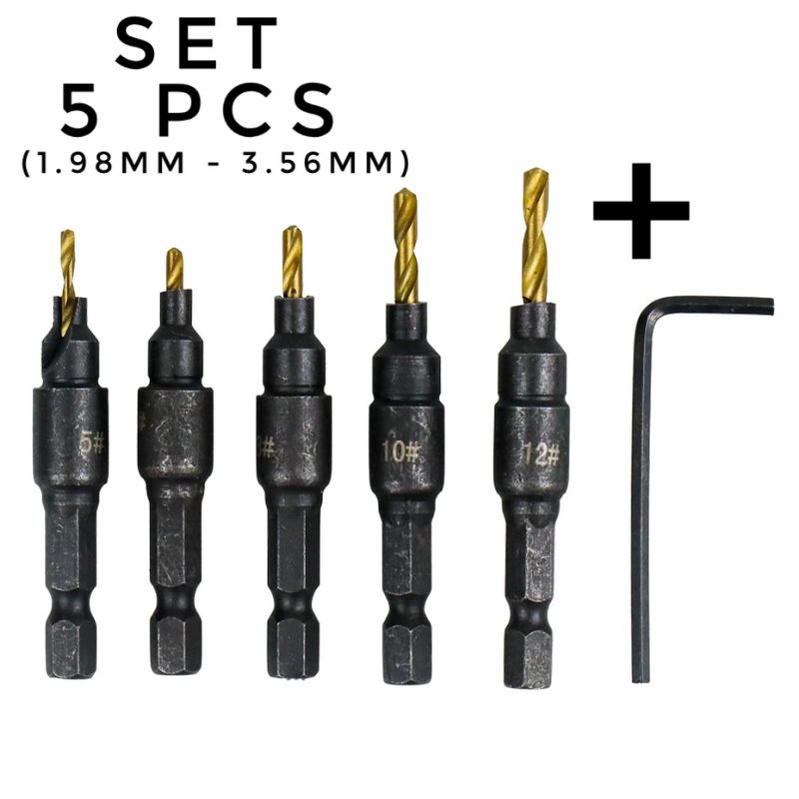 Taffware Vastar Countersink 1.98mm 2.38mm 2.78mm 3.17mm 3.56mm Chuck 6mm Plus Kunci L SET 5 PCS Mata