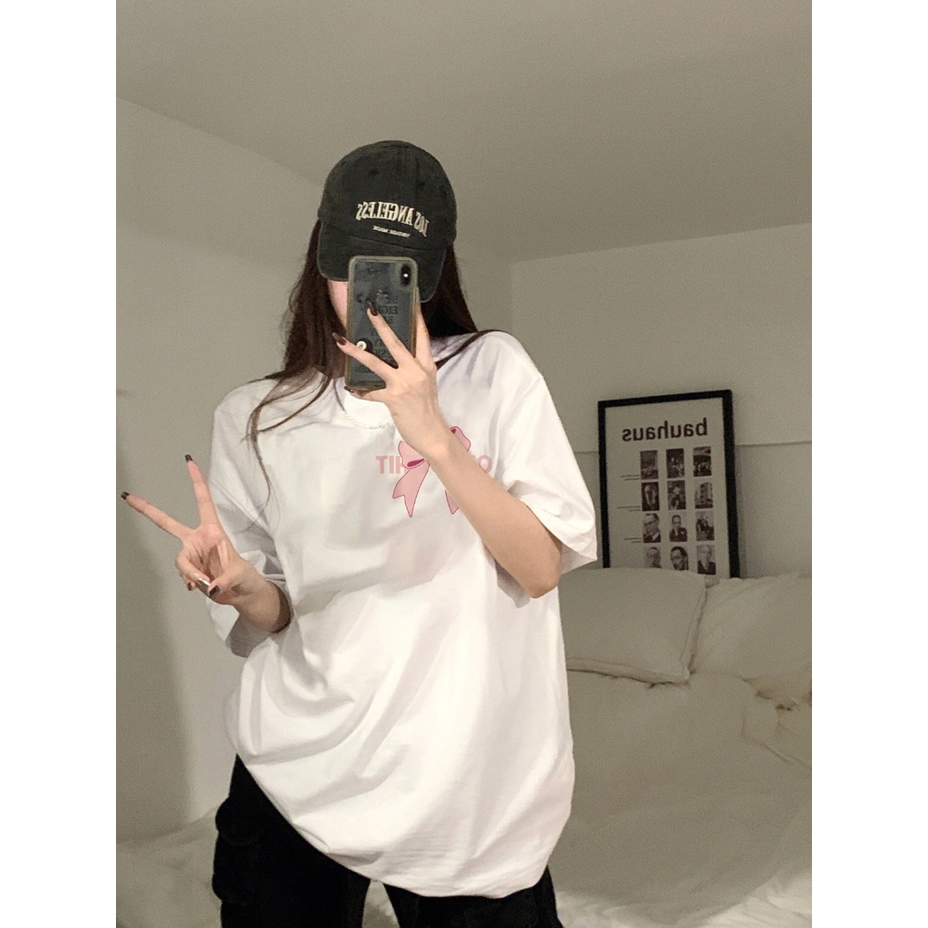 [100%  Katun]Kaos Pink Bow Oversize Kekinian Lengan Pendek Korean Style Printed T-shirt Baju Wanita Hitam