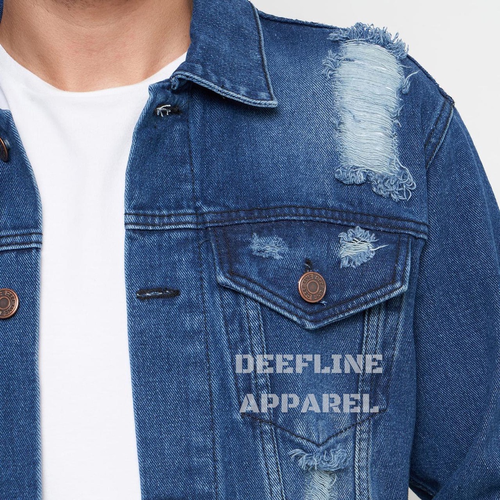 DEEFLINE - Jaket Jeans - Jaket Denim Pria - Jaket Ripped - Dark Blue