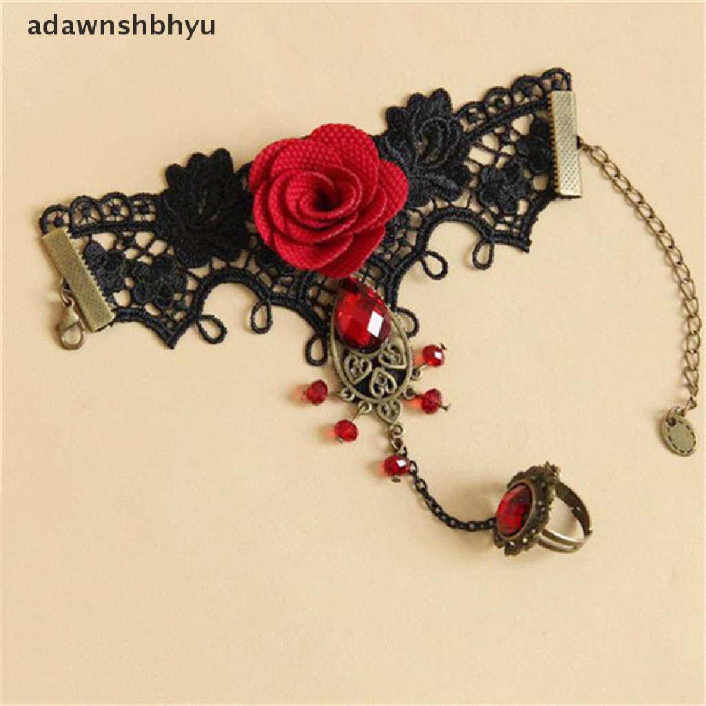 Adawnshbhyu Hot New Gelang Mawar Merah Renda Gaya Gotik Elegan Dengan Cincin Jari Yang Dapat Disesuaikan ID