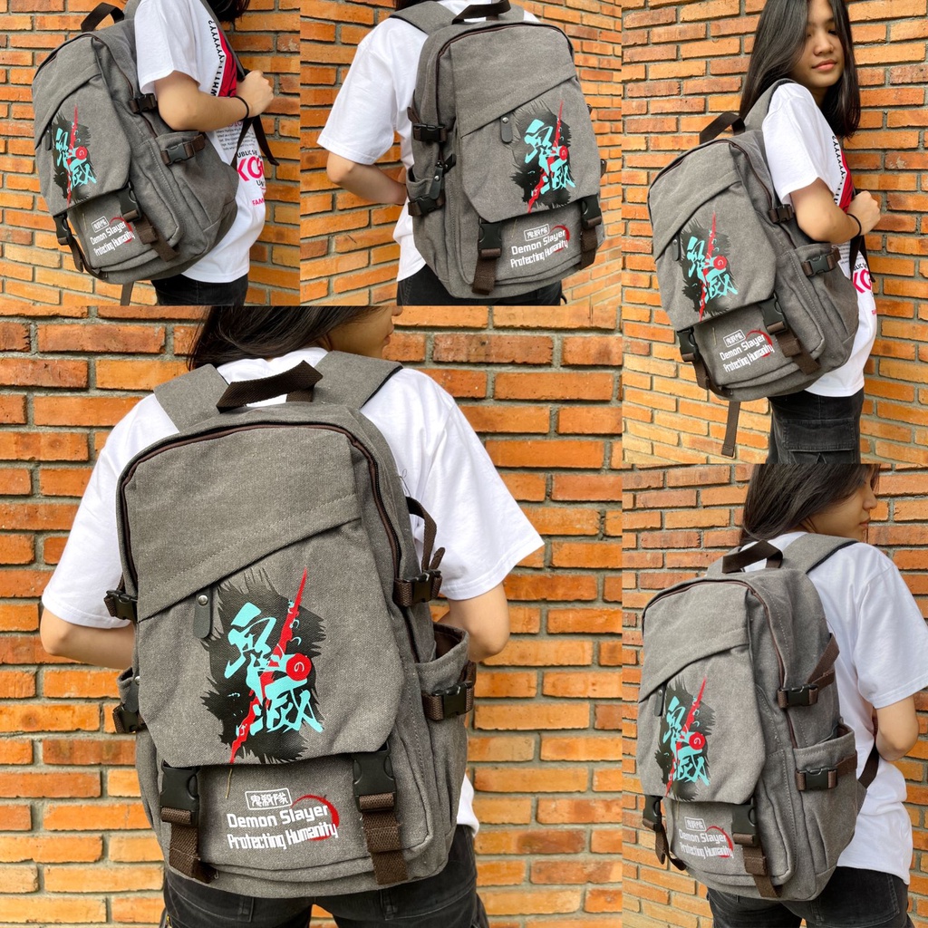 Bagpack Demon Slayer Canvas Grey Anime Manga Kimetsu No Yaiba Tas Sekolah Wibu