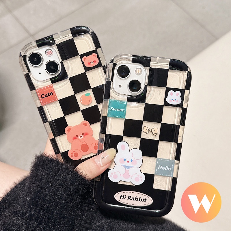 IPHONE Couple Lucu Kartun Beruang Kelinci Case Kompatibel Untuk Iphone11 13 12 14 Pro Max 7Plus 8Plus 6Plus XR X XS Max Shockproof Airbag Kotak-Kotak Lembut Tpu Phone Cover