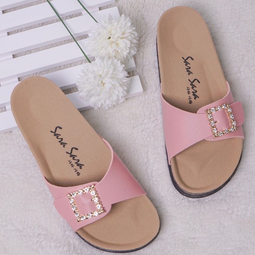 SARASARA YUK - TIMMY Sandal Wanita Slop Casual Size 36 - 41 Model Birken Sol Puyuh Sara Sara Sendal Cewek Kulit Santai Rumahan Strap Gesper 1 Kristal Blink Empuk 37 38 39 40 Warna Pink Salem SOft Selop Anti Slip Original Shoes ORI Mall Official Store