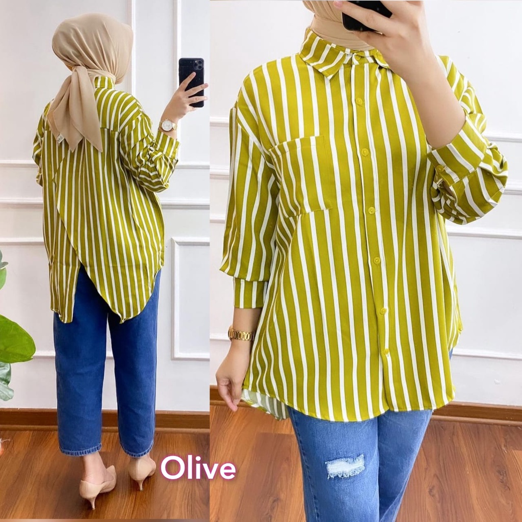 Kemeja Saja Dissy Salur Oversize Model Belakang Belah Bahan Syakila Premium Setrip