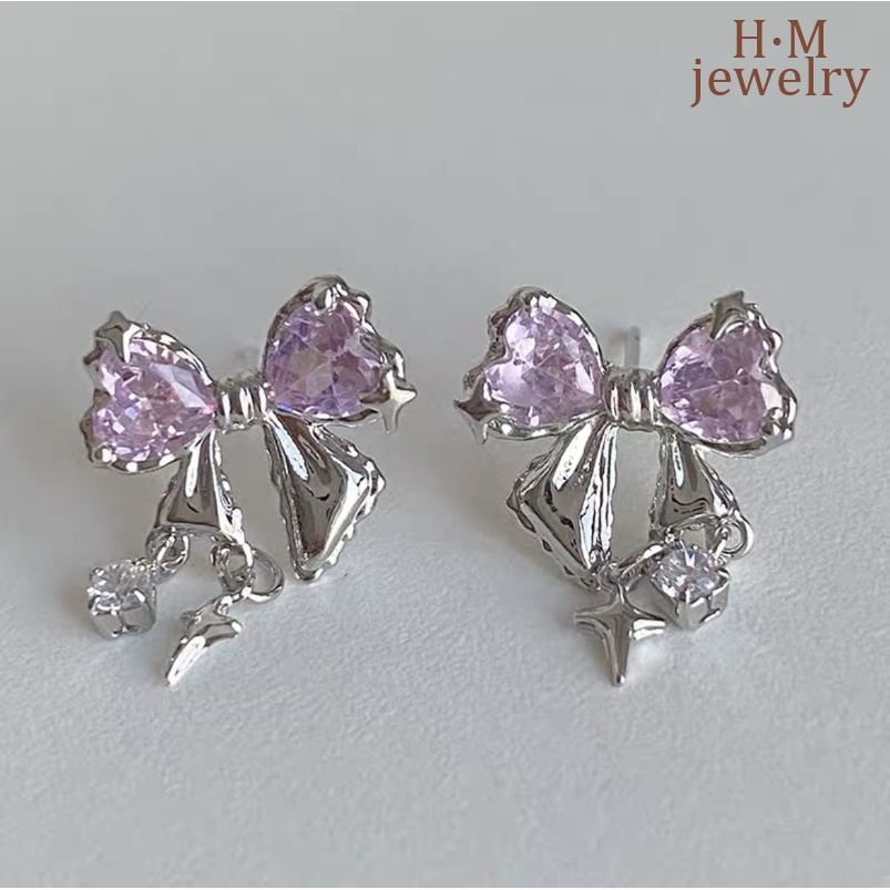 Starry Bright Bow AAA Zircon Stud Earrings Anting Gaya Keren Manis