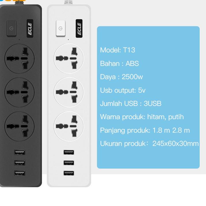LIZ111 ECLE Power Strip Colokan Listrik Stop Kontak 4 USB Port +3 Lubang Socket +1 Tombol Power On Off 2.1A 2500W |