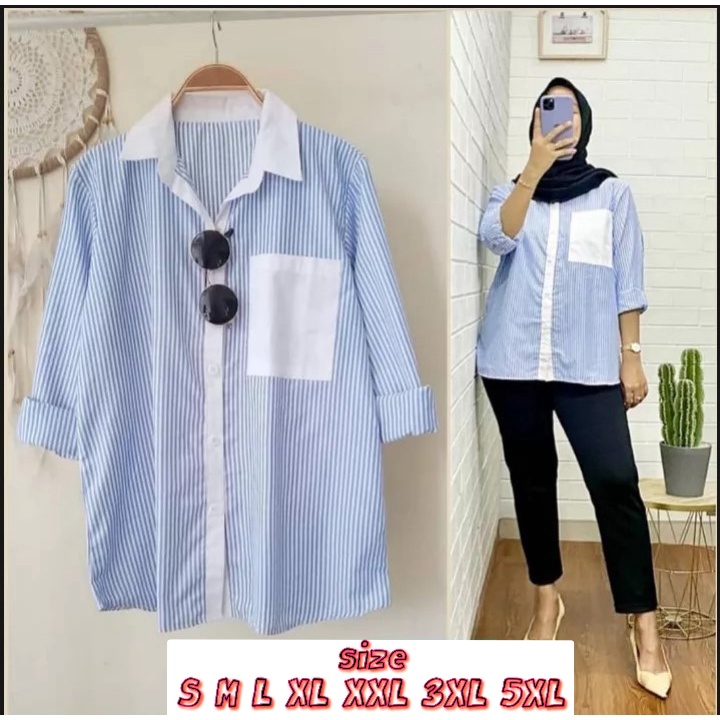 Kemeja Kirana Kemeja wanita jumbo motif garis garis Terbaru 2022 viral Kemeja garis wanita import - kemeja wanita motif garis garis oversize kemeja wanita garis lengan panjang  kemeja wanita garis putih hitam dan garis biru putih S M L XL XXL 3XL dan 5L