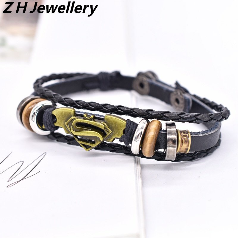 [Z H Perhiasan] Hip Hop Rock Retro Pria Fashion Stainless Steel Superman Batman Gothic Gelang Kulit Pesta Perhiasan Aksesoris