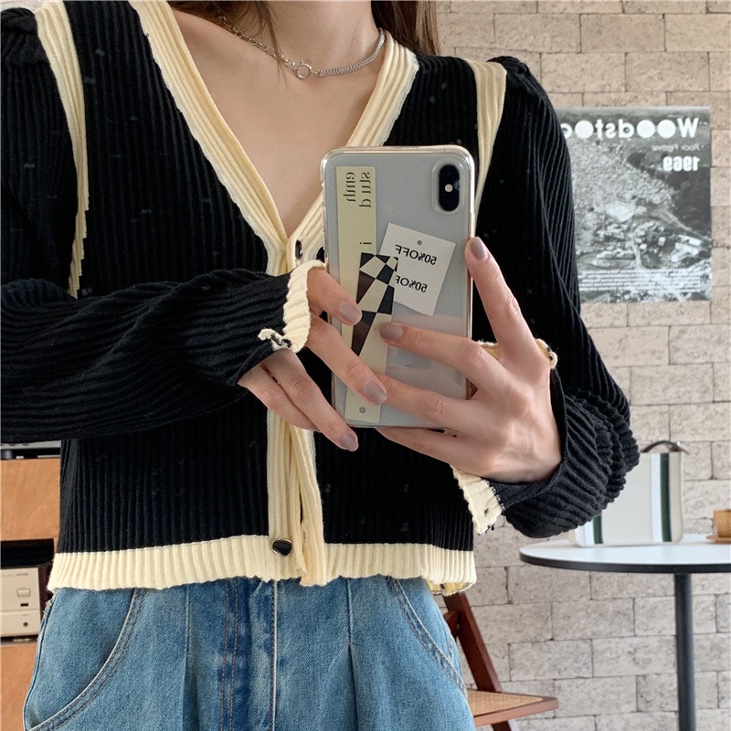 ❀♞✿Suhao Rajutan Kecil Cardigan Jaket Wanita Musim Gugur Desain Baru Rasa Retro Bagian Pendek Sweater Hitam Atasan Lengan Panjang