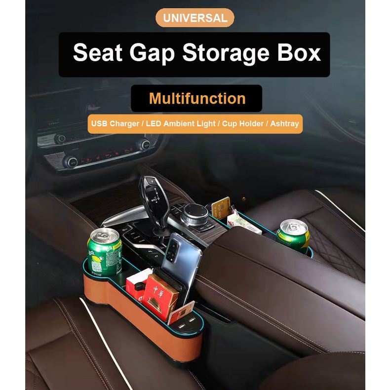 Car Seat Storage Box Kursi Mobil USB Ambient LED Side Pocket Cup Holder Organizer