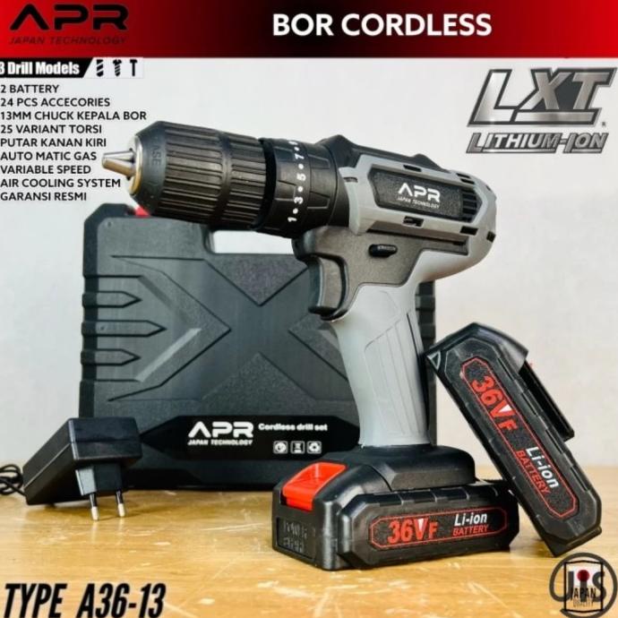 Mesin bor cordless 36V 13mm Apr impact drill 2 batrai full koper