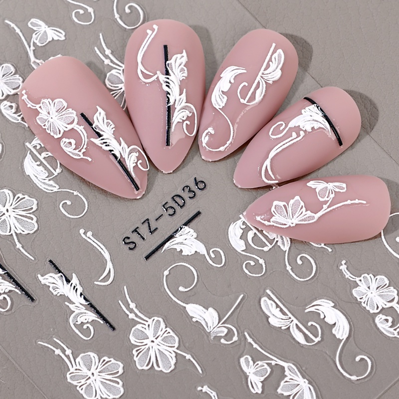 5d Bunga Putih Stiker Kuku Desain Pernikahan Sederhana Salju Timbul Perekat Diri Manicure Slider DIY Kuku Decals Accesories