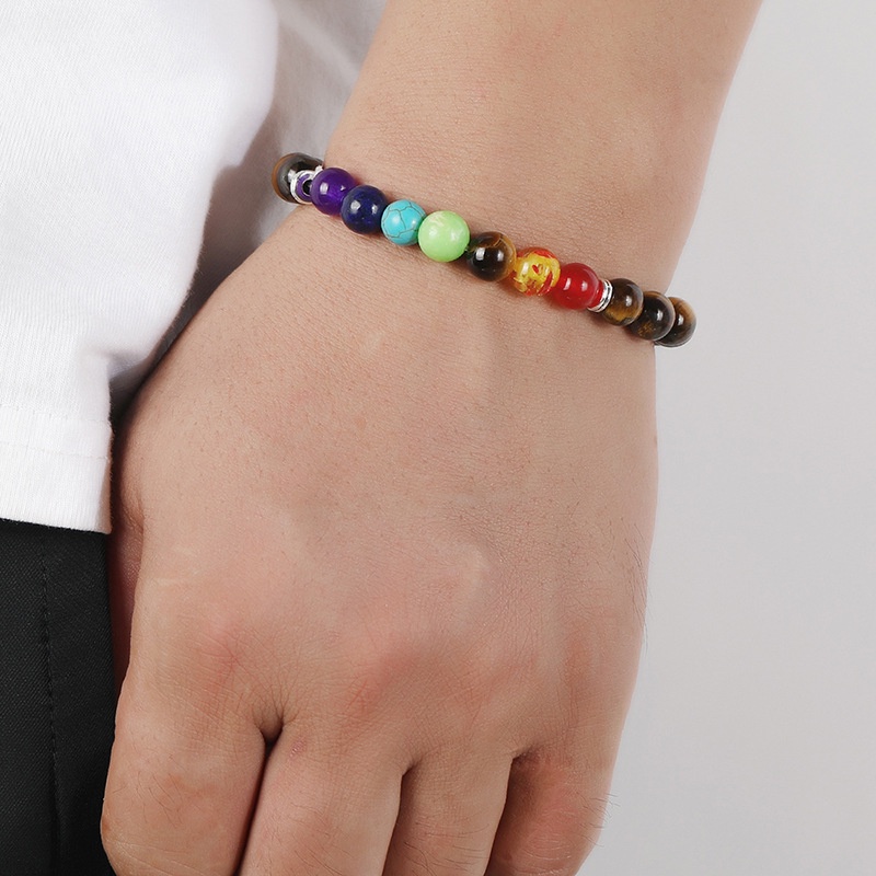 1pcs Unisex Colorful Mineral Beads Bracelets Seven Colorful Seven Chakra Six-character Bead Bracelet Hadiah Hari Valentine Untuk Wanita Dan Pria