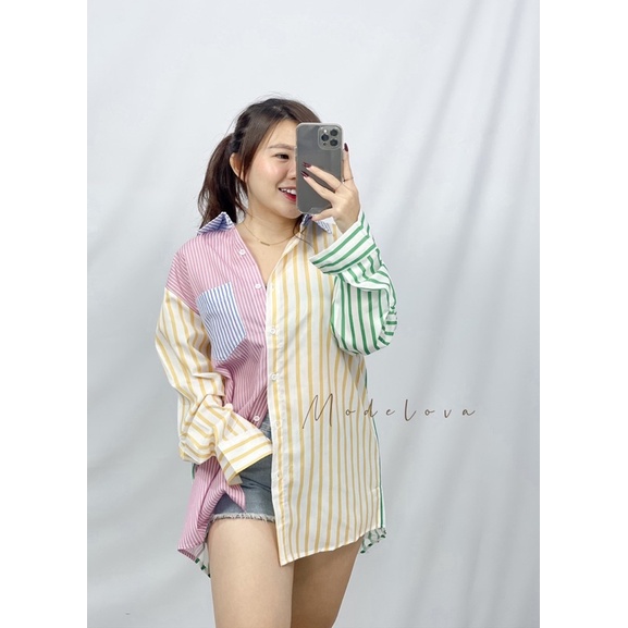 MDLV ~ 2470# Annora Patchwork Striped Shirt Kemeja Salur Import