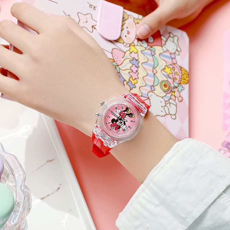 Jam Tangan Anak-anak Disney series Jam tangan anak perempuan Minnie &amp;Mickey Glowing Melody Kartun Mahasiswa Kulomi Balita Bayi Warna-warni Berkedip  Jam Tangan Elektronik