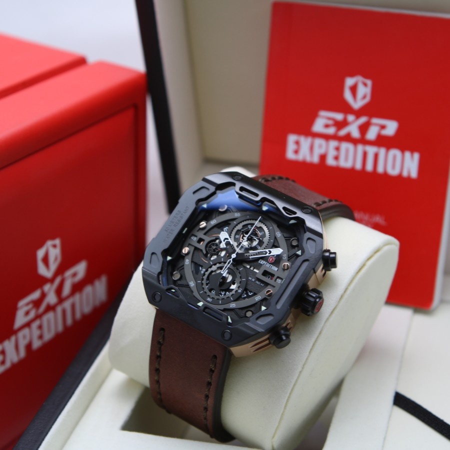 Jam Tangan Expedition Pria E 6826 / E6826 Leather RoseGold Black Original