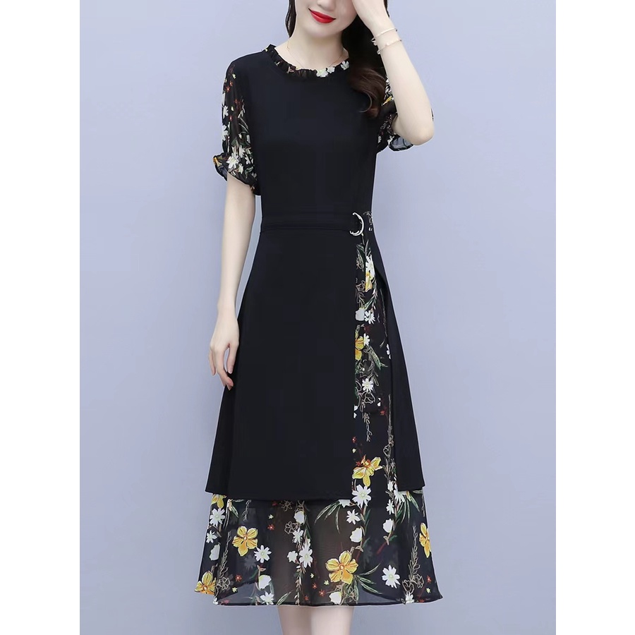 Monica baru gaun sifon bunga retro Perancis wanita gaun midi ramping