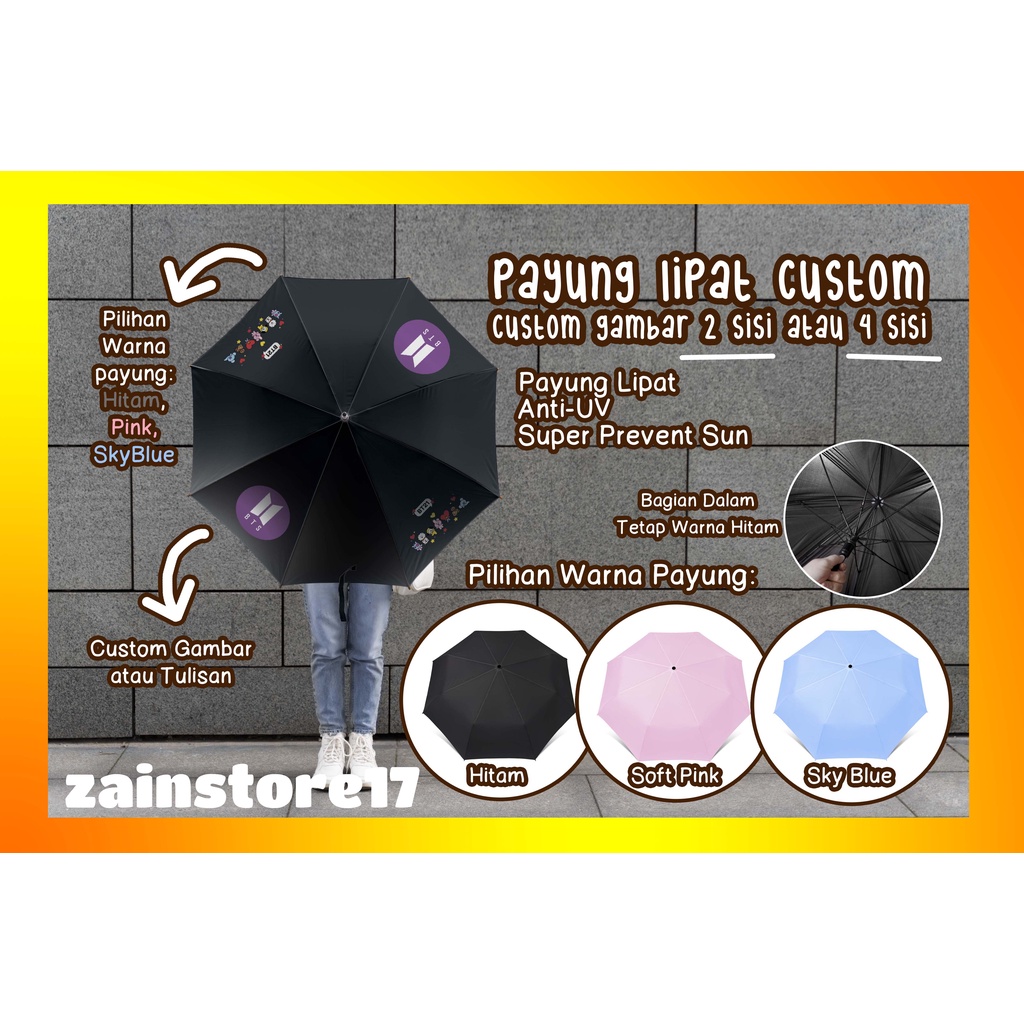 CUSTOM PAYUNG LIPAT Tema Gambar BTS BT21 / DESAIN SENDIRI - Tersedia Pilihan Warna Payung: HITAM/PIN