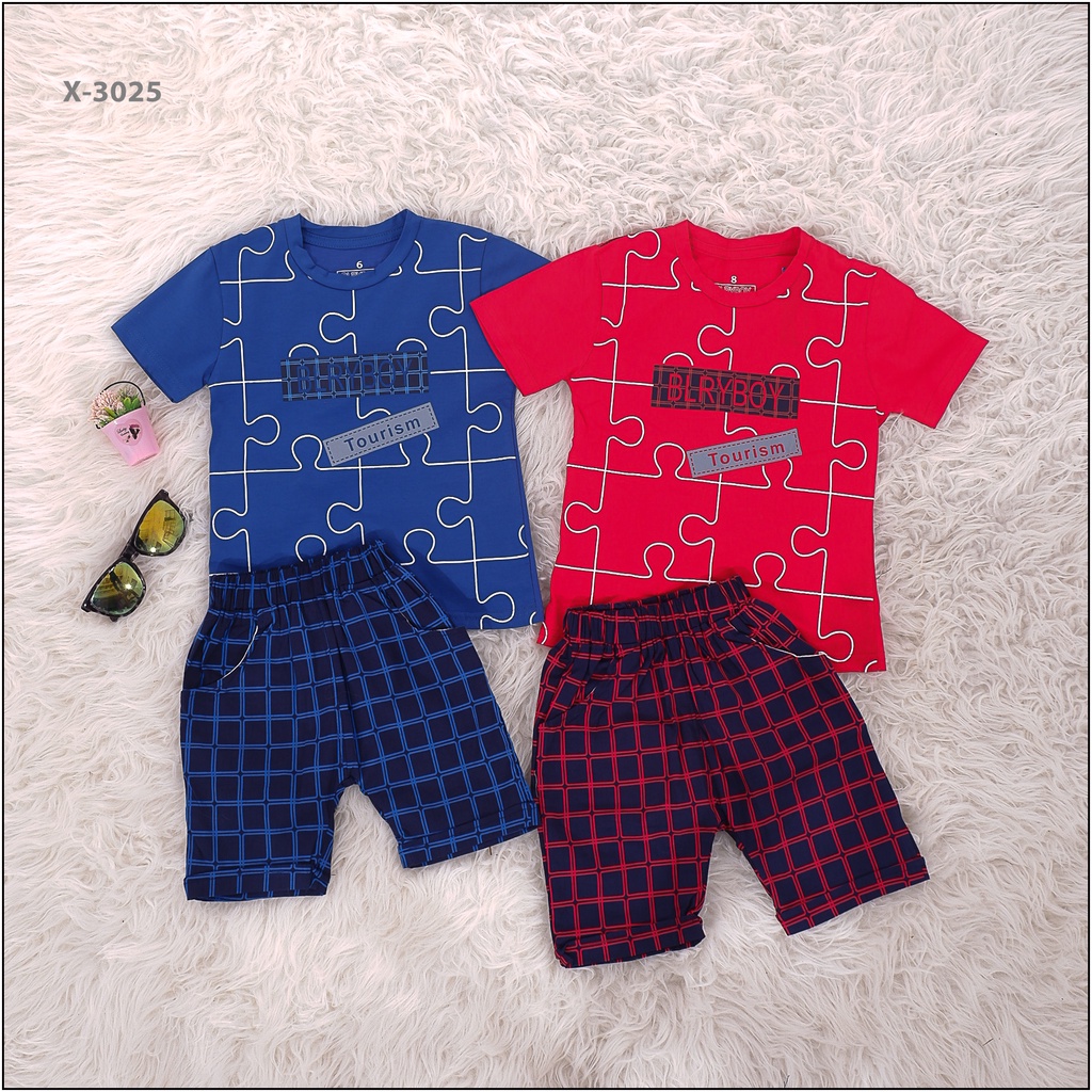 Setelan Anak Lengan Pendek Cowok Happy Time 6-8 [X3025]