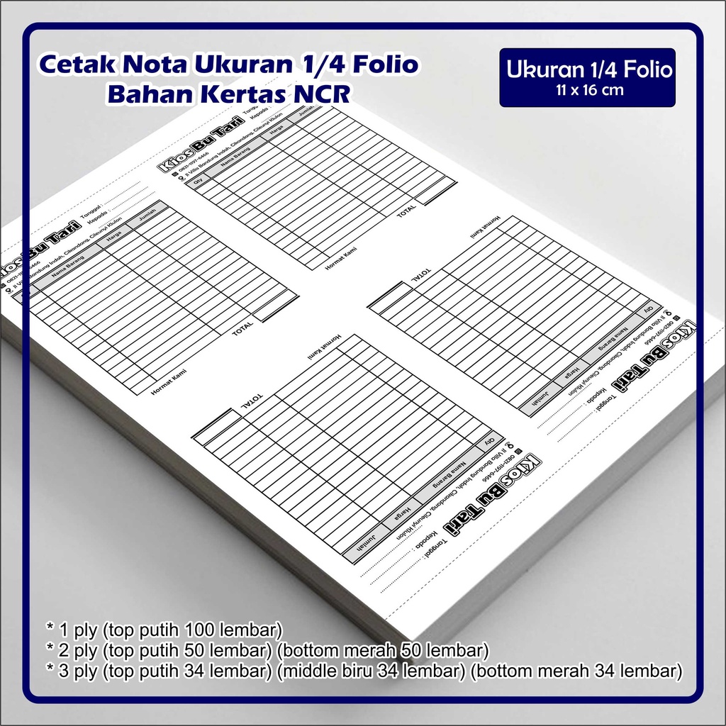 

Nota Ukuran 1/4 Folio Nota Toko Rangkap Nota Kontan Desain Custom Jual Ecer per nota isi 50 Lembar