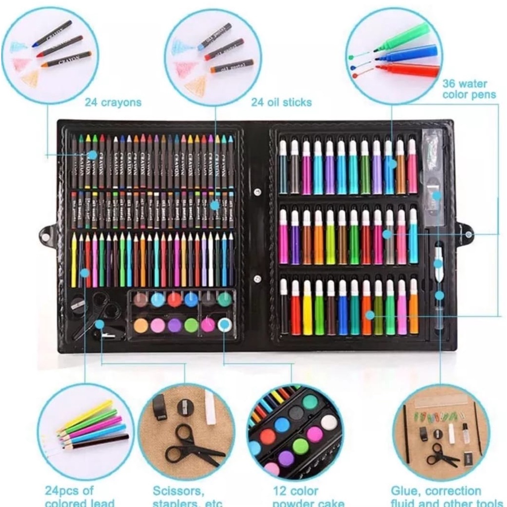 Crayon 1 Set Isi 208pcs Alat Menggambar Stationery Paints Kids Children Painting Drawing Tools Set with Colored Pencil-Krayon Mewarnai Anak Viral Art Set 150pcs Melukis Anak-anak Spidol Crayon Cat Air Pensil Warna Lengkap