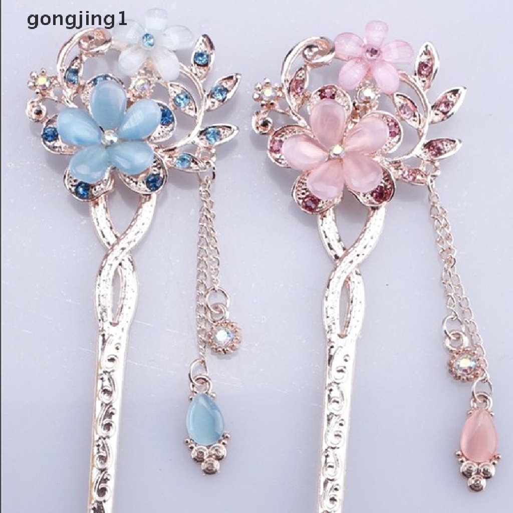 Ggg Pin Rambut Batu Mata Kucing Cat Eye Double Flower Rhinestone Hair Stick Hair Clip ID