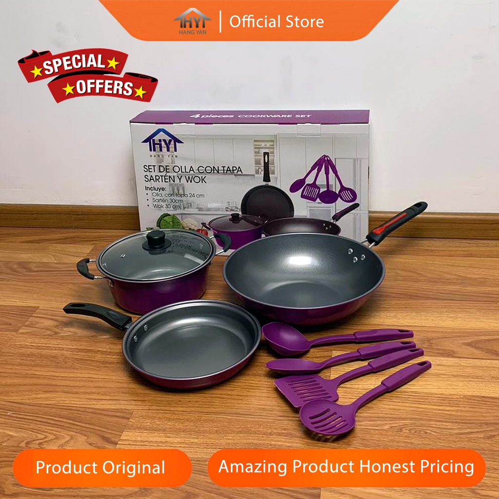 Panci 4 Set Serbaguna Teflon Marble Cookware Set Tutup Kaca Anti Lengket