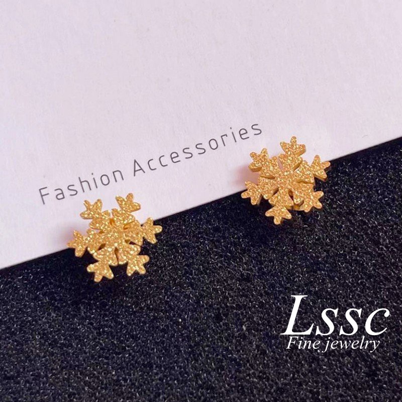 Anting Tusuk Titanium Anti Karat Kepingan Salju Cantik Emas 18K Aksesoris Wanita Fahion Korea