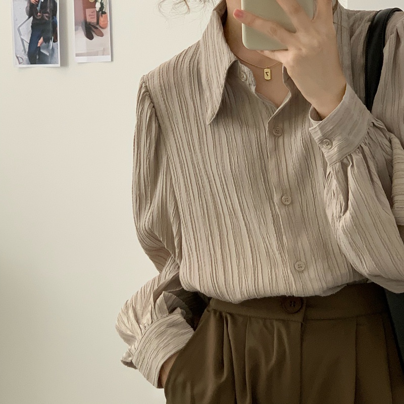 Korea Style Crinkle Shirt kerah POLO Blouse Kemeja Lengan Panjang Wanita