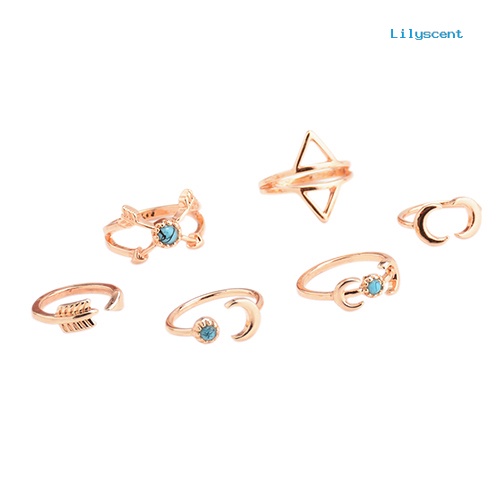 [LS]6Pcs Turquoise Arrow Moon Triangle Above Knuckle Ring Cincin Tumpuk Ujung Jari Tengah