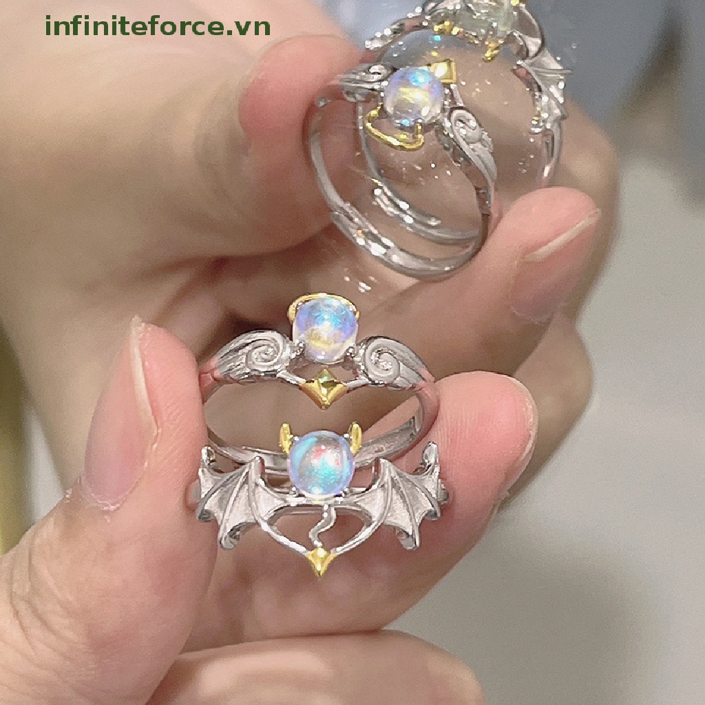 [INVN] Moonstone Angel and Demon Wings Cincin Pasangan Untuk Wanita Fashion Cincin Pembukaan Yang Dapat Disesuaikan Perhiasan Pesta [VN]