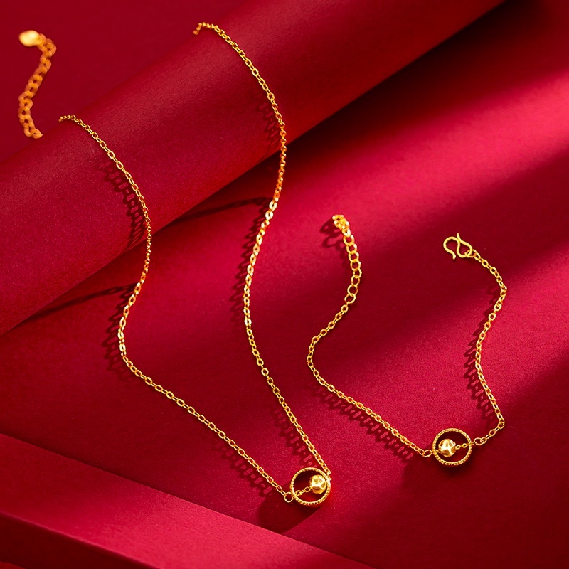 Goldkingdom Fashion Perhiasan Emas Asli Kadar 375 Bangkok Aksesoris Ready Stock Sederhana Cat-eye Emas Manik Tulang Selangka Rantai Edisi Transfer Manik Sarkin Gelang Kalung Dua Potong Set Untuk Wanita