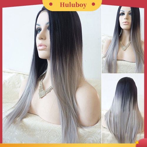 Wig Rambut Wanita Model Panjang Lurus Warna Ombre Hitam Abu-Abu Tahan Panas Untuk Pesta