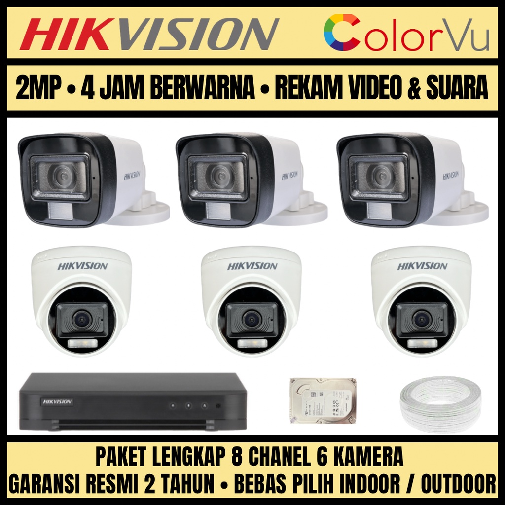 PAKET CCTV HIKVISION COLORVU 2MP 8 CHANNEL 6 CAMERA KAMERA CCTV COLORFUL