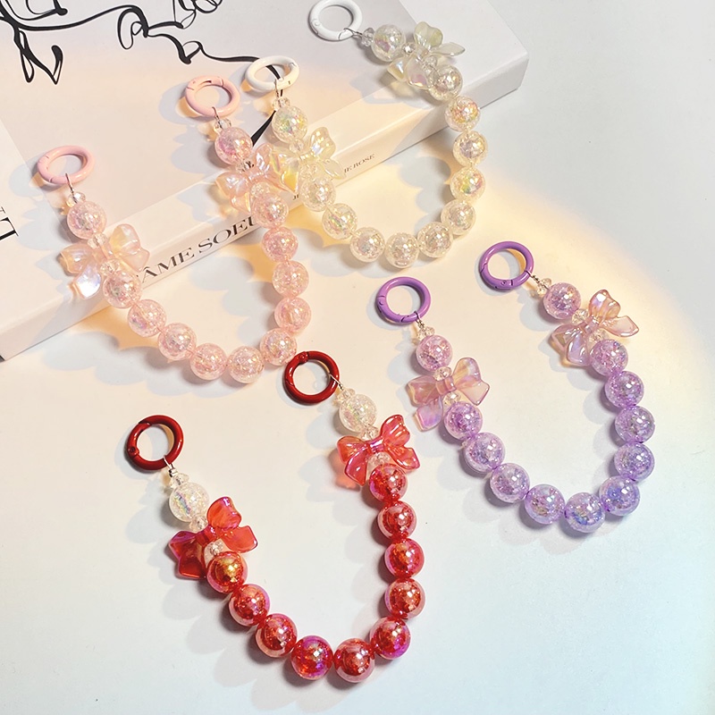 Ins Manik-Manik Warna Ilusi Busur Merah Rantai Keychin Aksesoris Busur Untuk Earphone/ Case Ponsel/ Tashadiah