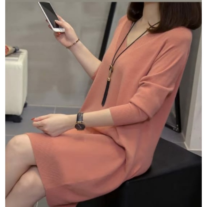 Dress Rajut Moresa V neck Tebal /Dress V neck knitwear korea bebas pilih size
