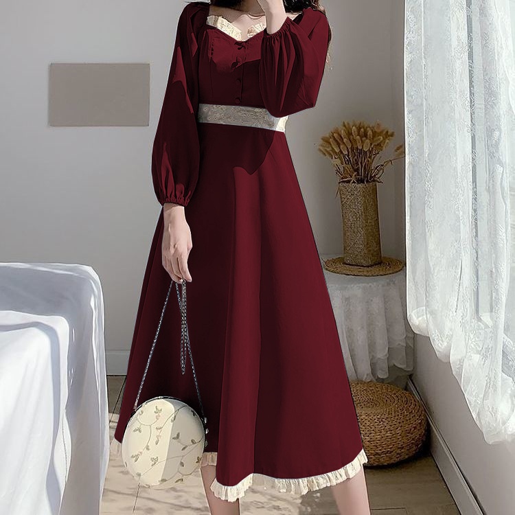 Long Dress Wanita Lengan Panjang Model Retro  A-Line Untuk Musim Semi