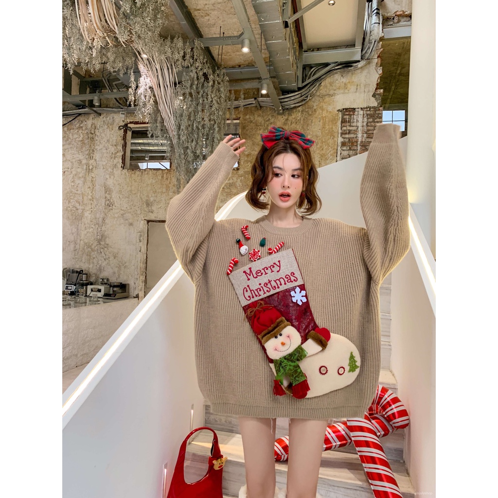 #Sisjuly# Jumper longgar wanita musim gugur dan musim dingin Natal merah kartun lucu atasan angin re