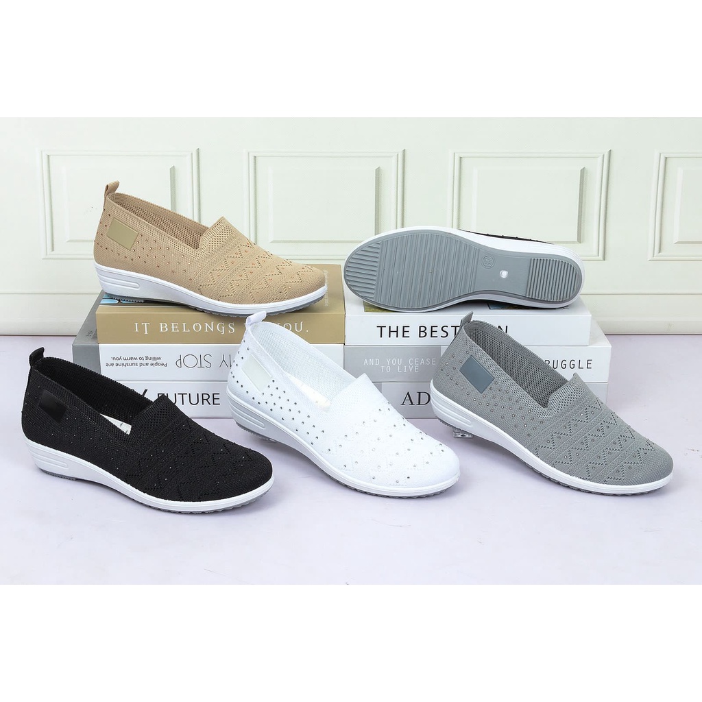 Permata Sepatu Highsole Slip On Wanita Q3641 Flyknit Shoes Import