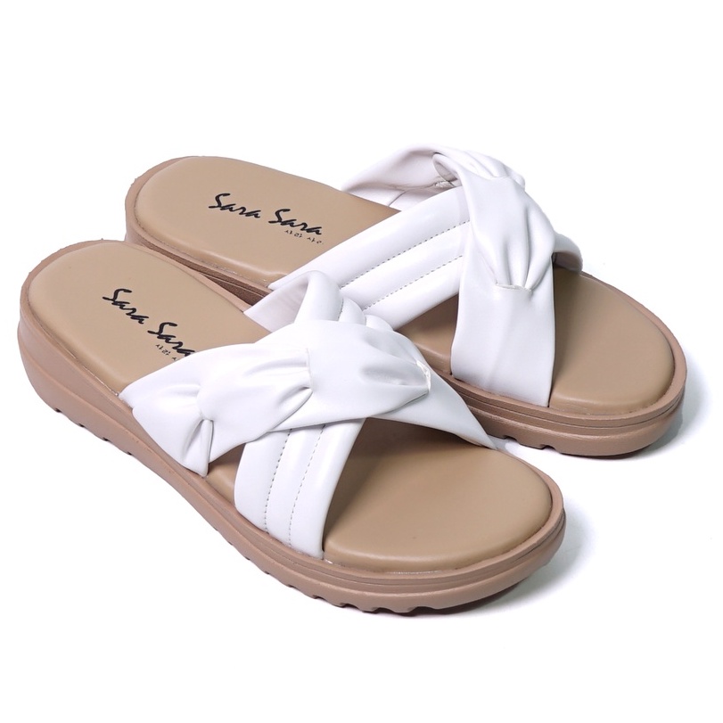 SARASARA YUK - Sandal Wanita Wedges SARA SARA HALLE Sendal Cewek Platform Wegdes Hak Tinggi 4cm Model Silang 2 Size 35 36 37 38 39 40 Pergi Jalan Santai Rumah Slop Warna White Putih Selop Premium Kekinian Terbaru Shoes ORI Mall Official Store