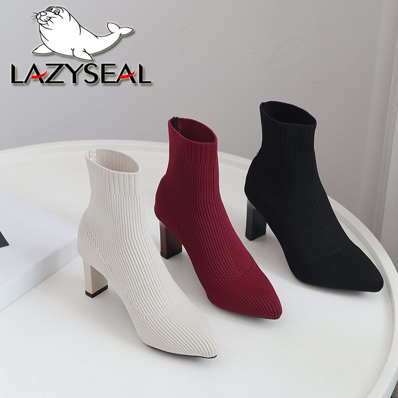 LazySeal Kain Peregangan Sepatu Bot Wanita Musim Gugur Fashion Lembut Kaus Kaki Sepatu Med Heels War
