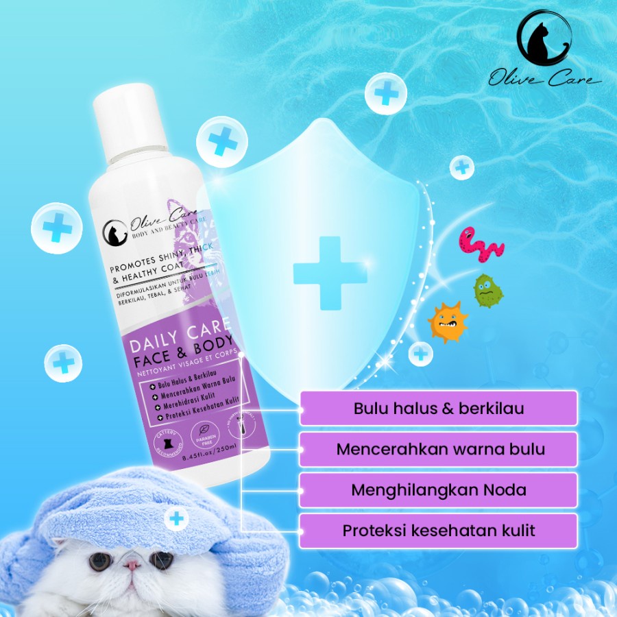 OLIVE CARE Shampo Kucing Daily Care FACE &amp; BODY untuk Pertumbuhan Bulu, Anti Noda, Warna Bulu dan Bulu Halus