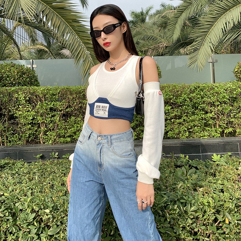 ✎∋Seri dekonstruksi Suhao Jennie yang sama dengan lengan pendek manis keren top hot girl pendek off-shoulder rajutan kaos lengan panjang