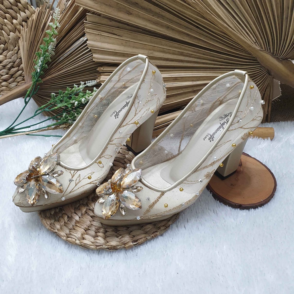 Sepatu wedding pesta cantik Clarabel gold 9cm tahu