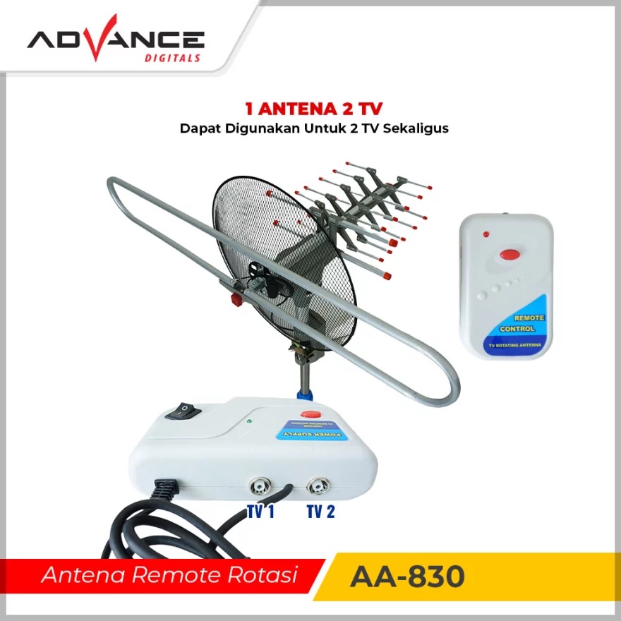 Antena TV Digital Advance AA-830 / Antena Remote Digital | Antena TV Remot Advance AA 830 Model Parabola Full HD rotasi 360° plus Booster , remot | Antena TV Outdoor Advance Antenna Remote AA-830 | FMS